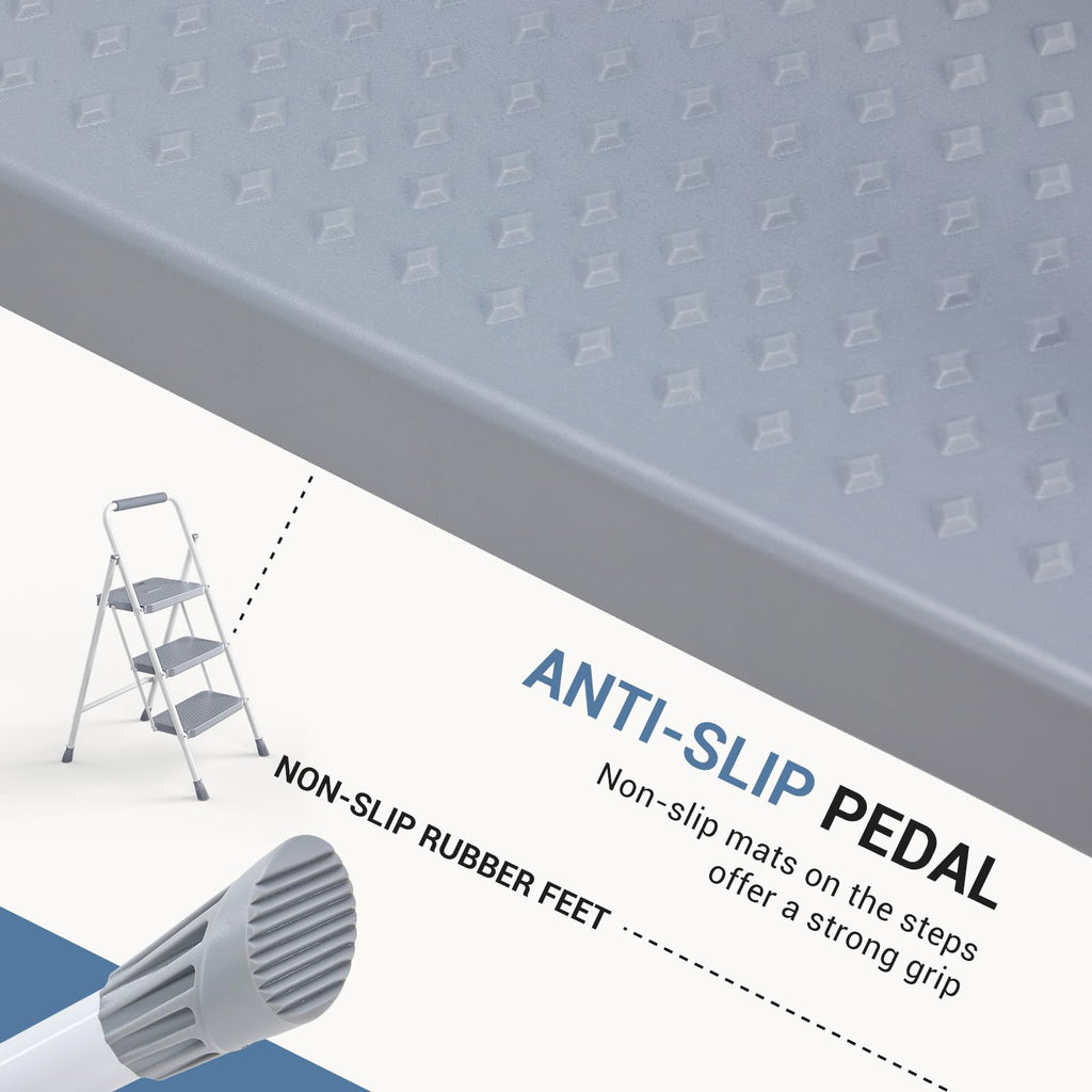 3 Step Ladder with Anti-Slip Pedal and Handrail, 800lbs, Grey Y44836