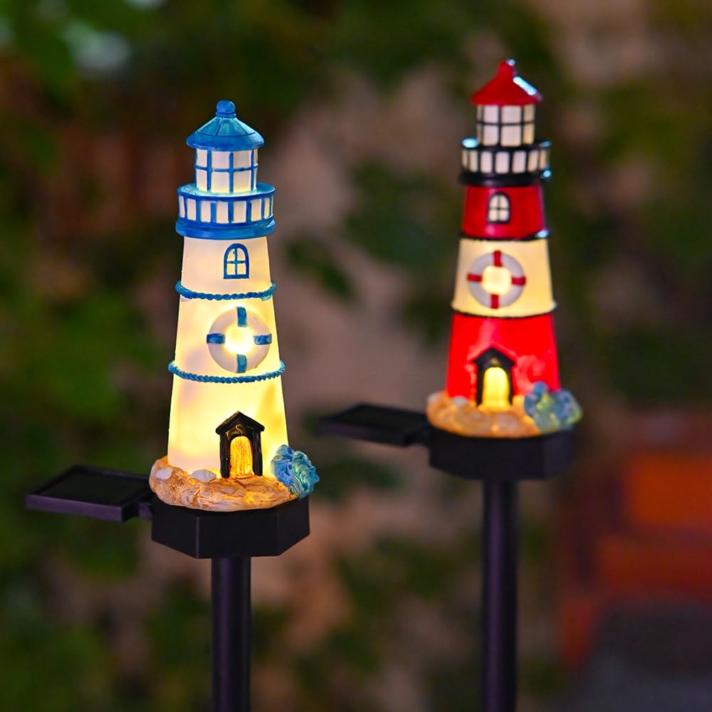 2 Packs Solar Powered Red and Blue Lighthouse Floor Lamps Y42989