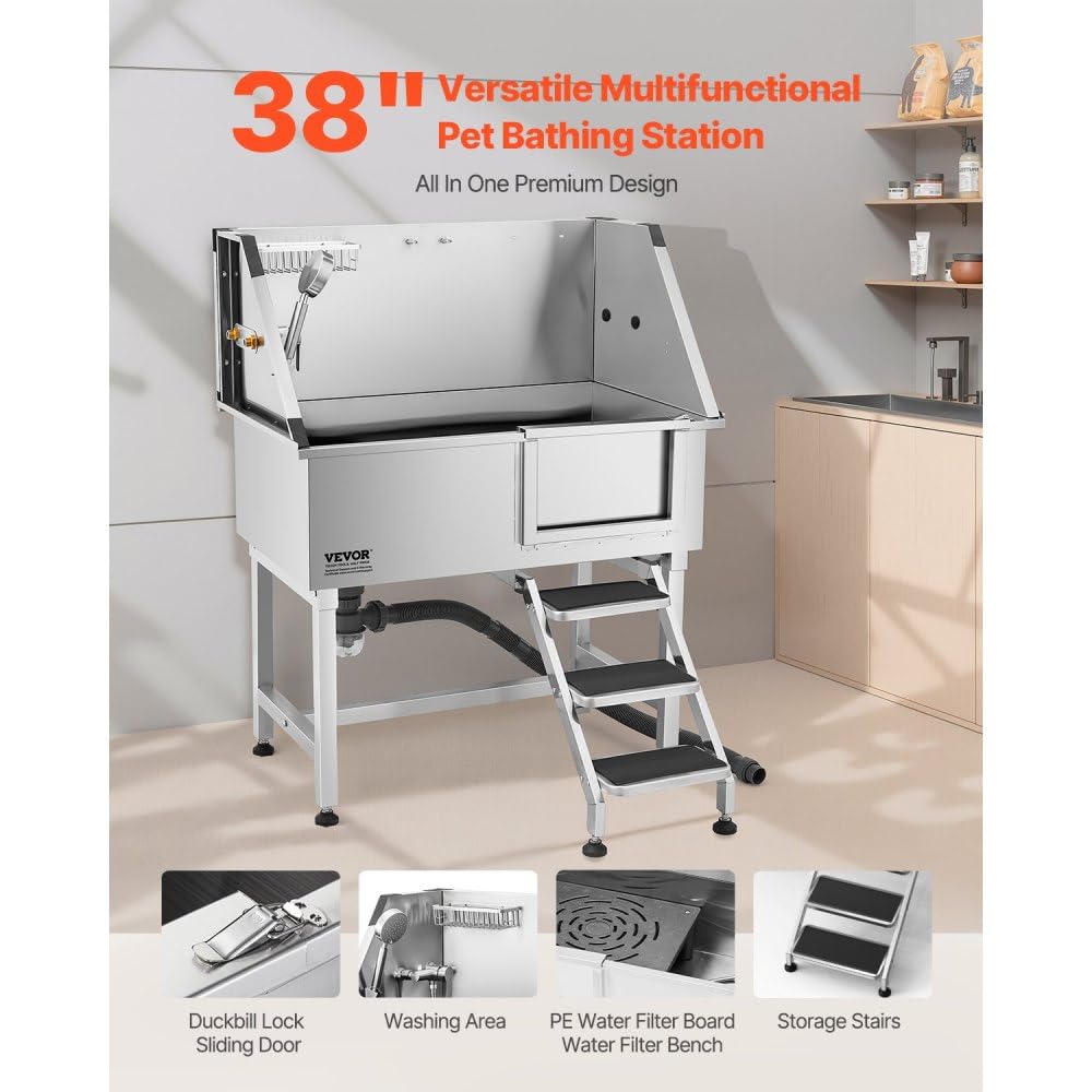 38 Inch Stainless Steel Dog Grooming Tub with Showerhead, Faucet, Bath Mat and Stairs G78244