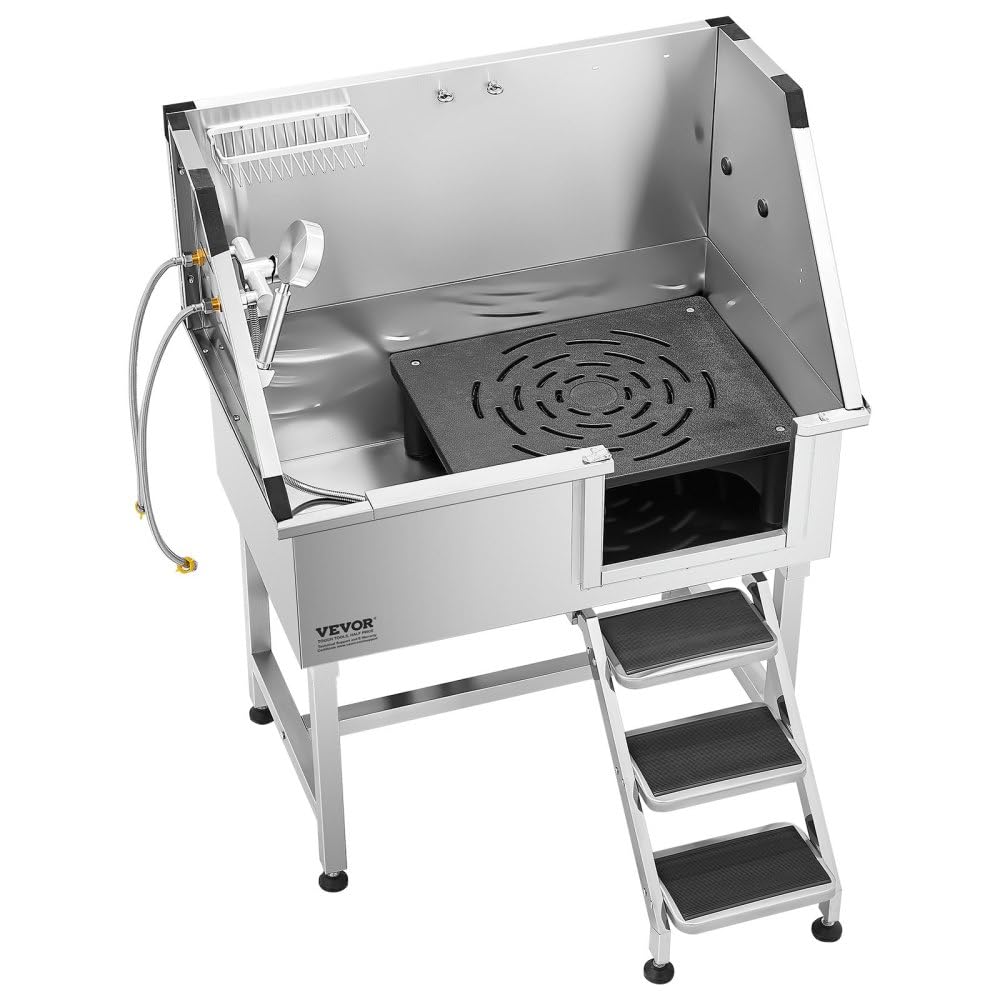 38 Inch Stainless Steel Dog Grooming Tub with Showerhead, Faucet, Bath Mat and Stairs G78244