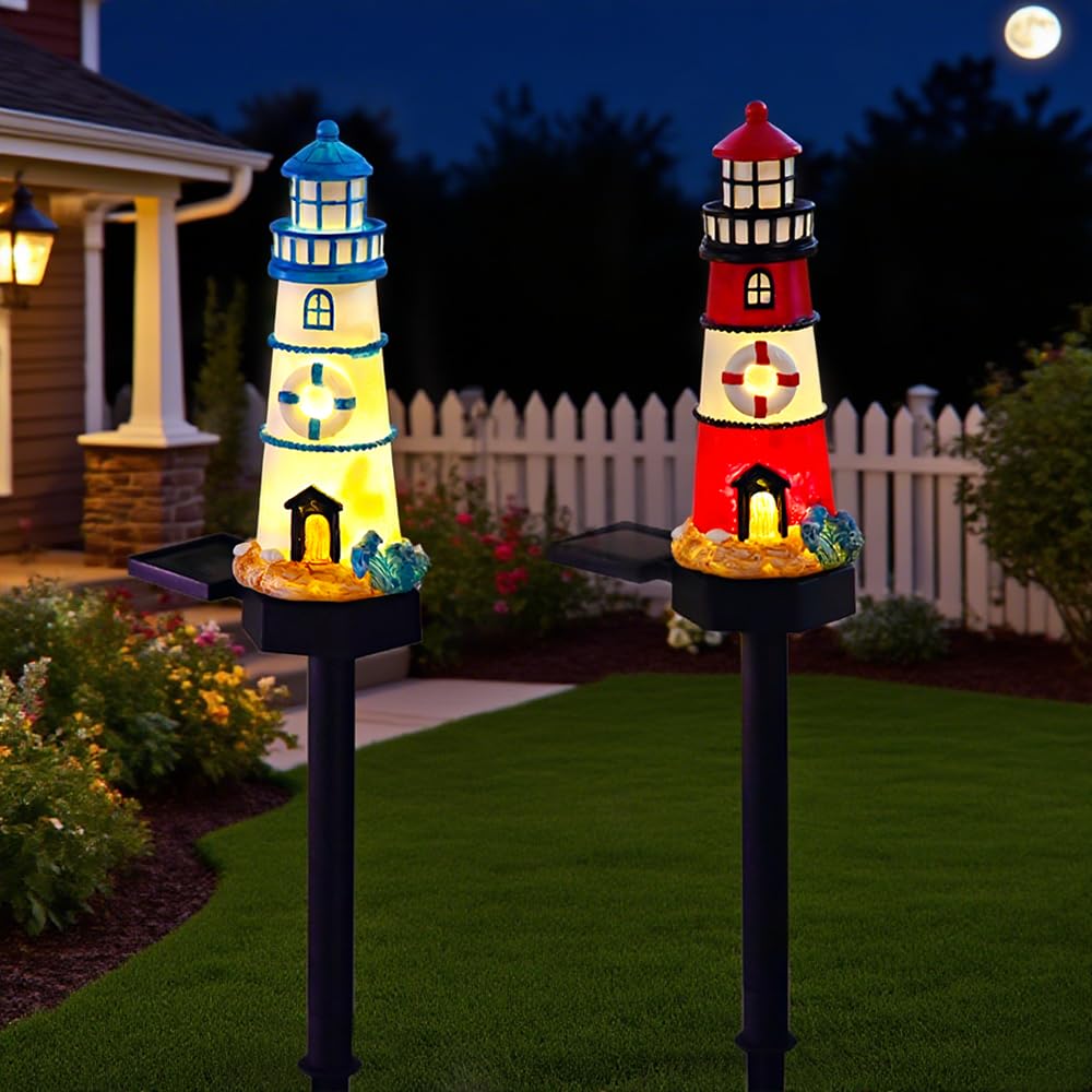 2 Packs Solar Powered Red and Blue Lighthouse Floor Lamps Y42989
