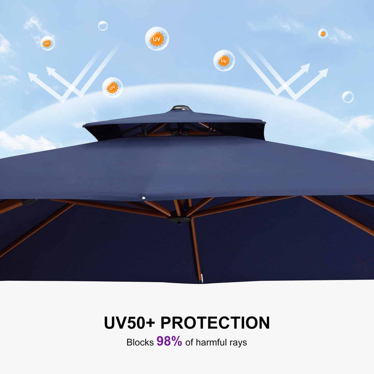 10ft Double Top Wood-Grain Finish Navy Blue Patio Umbrella G73140