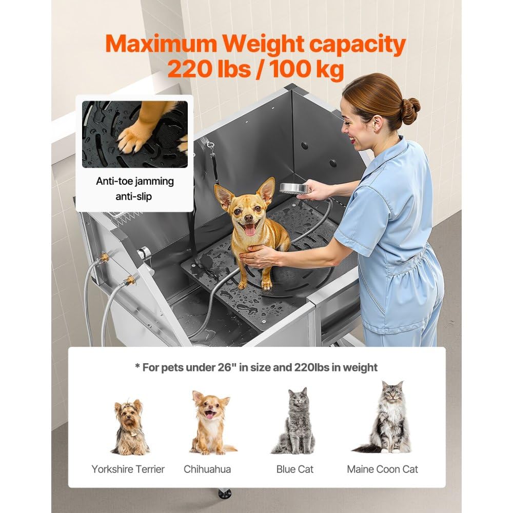 38 Inch Stainless Steel Dog Grooming Tub with Showerhead, Faucet, Bath Mat and Stairs G78244