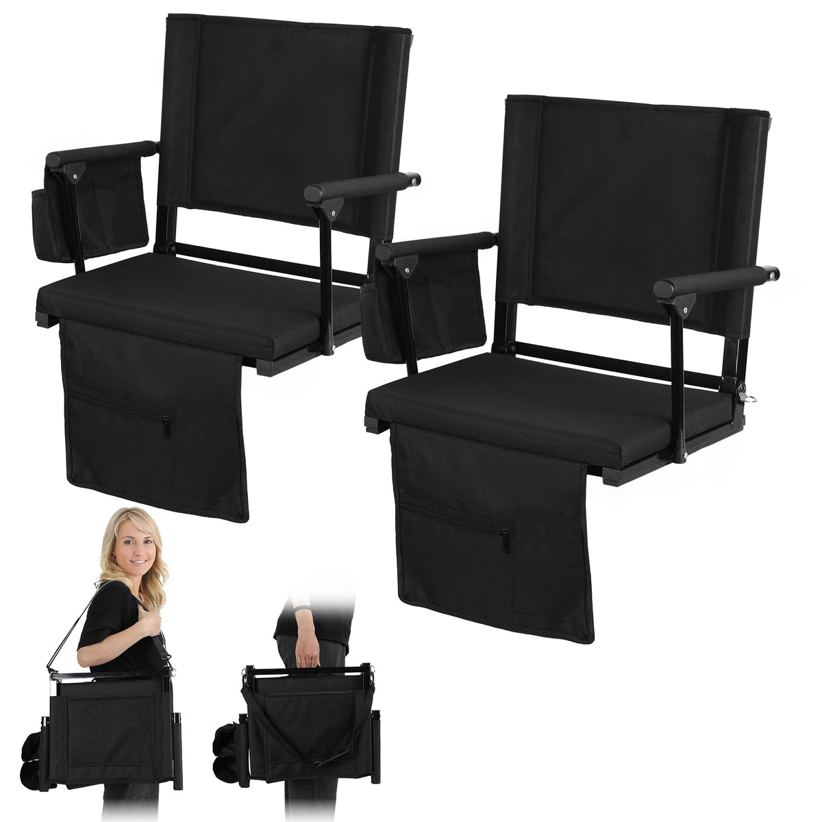2 Pcs Black Folding Stadium Seats with Back Support and Cup Holder P86205