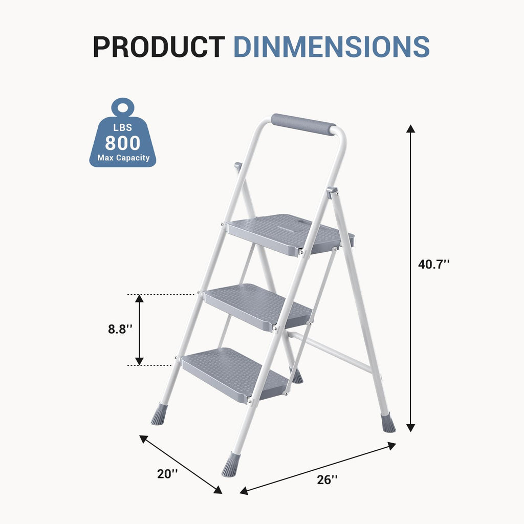 3 Step Ladder with Anti-Slip Pedal and Handrail, 800lbs, Grey Y44836