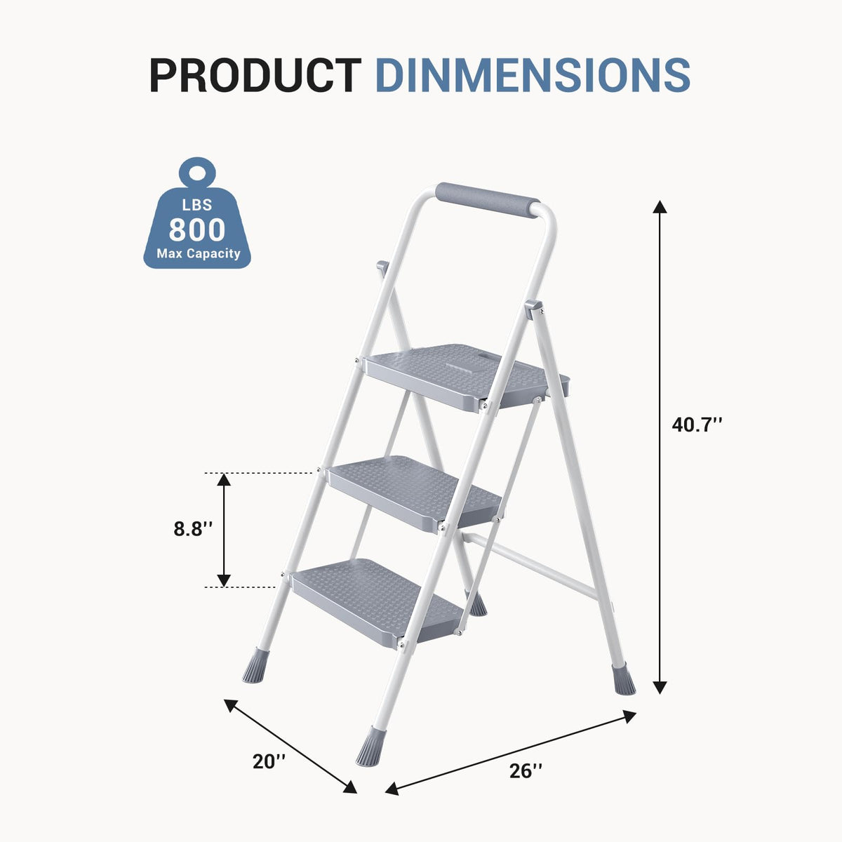 3 Step Ladder with Anti-Slip Pedal and Handrail, 800lbs, Grey Y44836