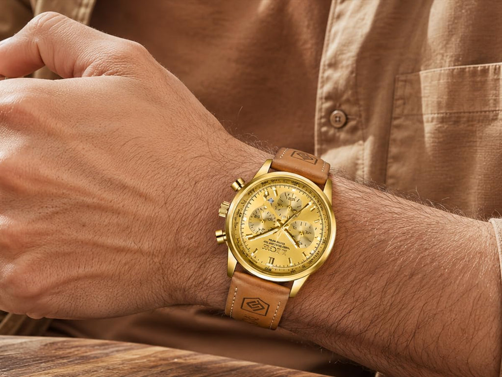 Gold-Tone Quartz Chronograph Watch Brown Leather Strap X6395