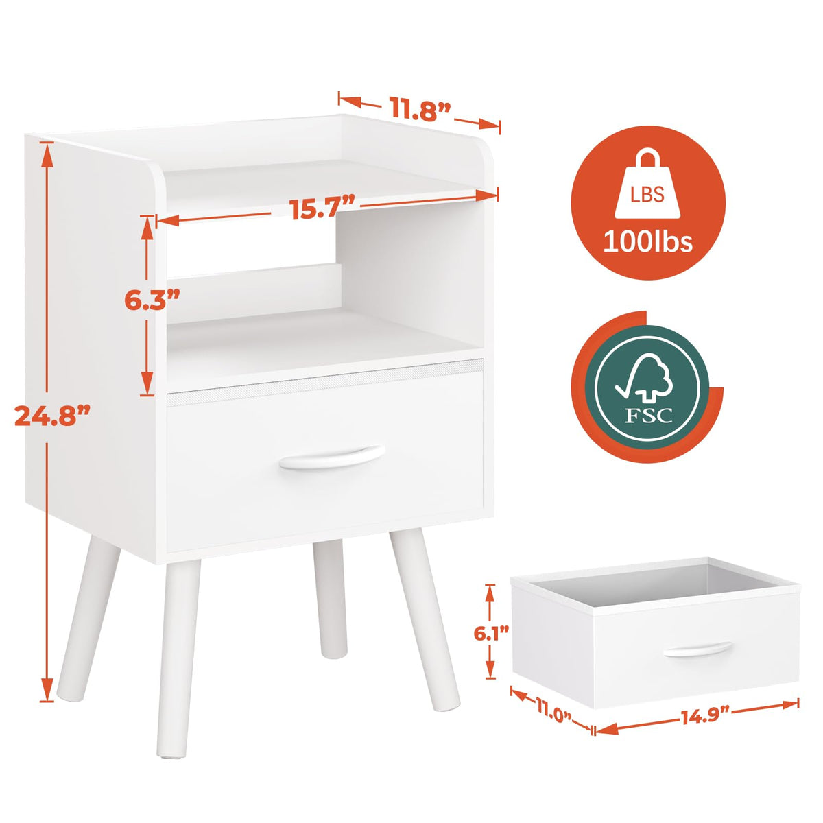 Modern Nightstand with Drawer and Open Storage Shelf I854