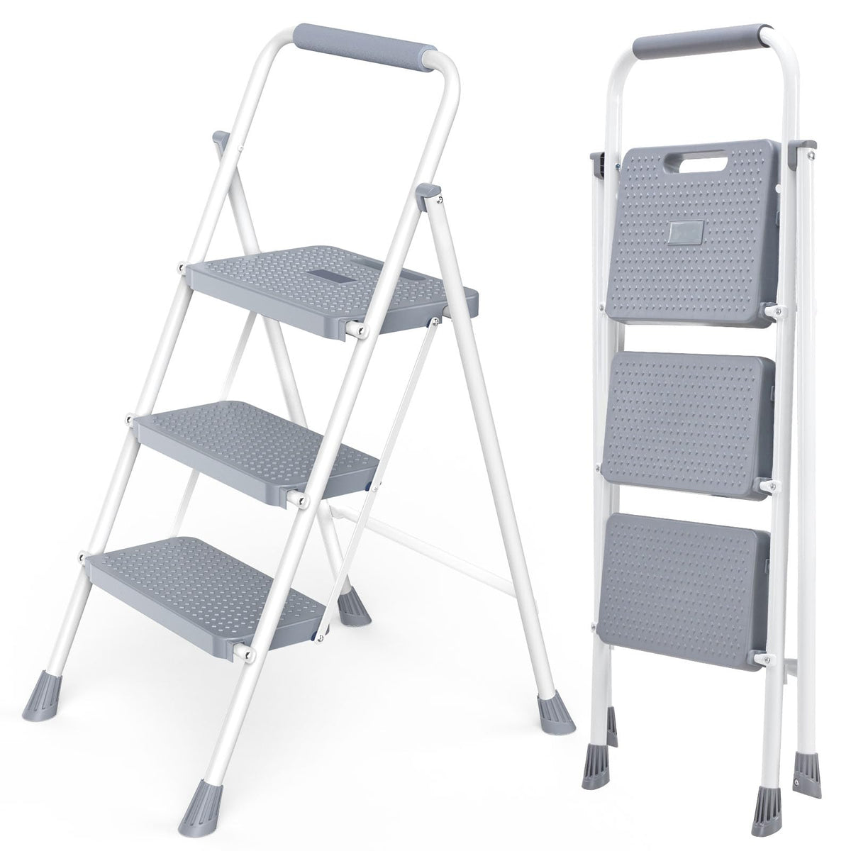 3 Step Ladder with Anti-Slip Pedal and Handrail, 800lbs, Grey Y44836