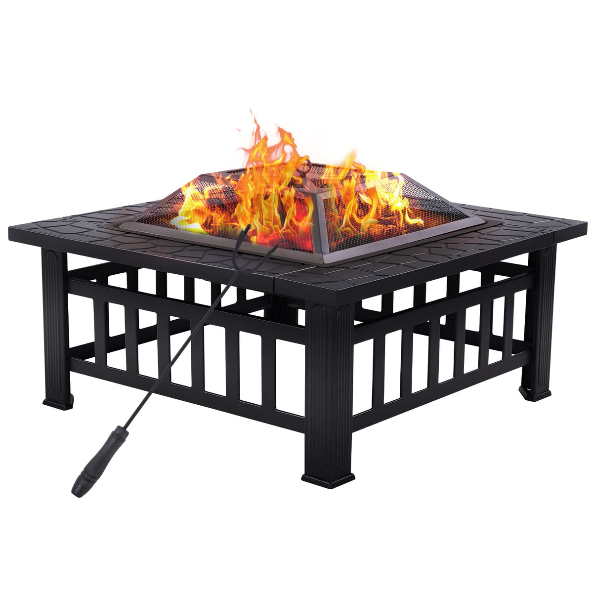 32" Square Wood Burning Fire Pit with Poker and Cover G243