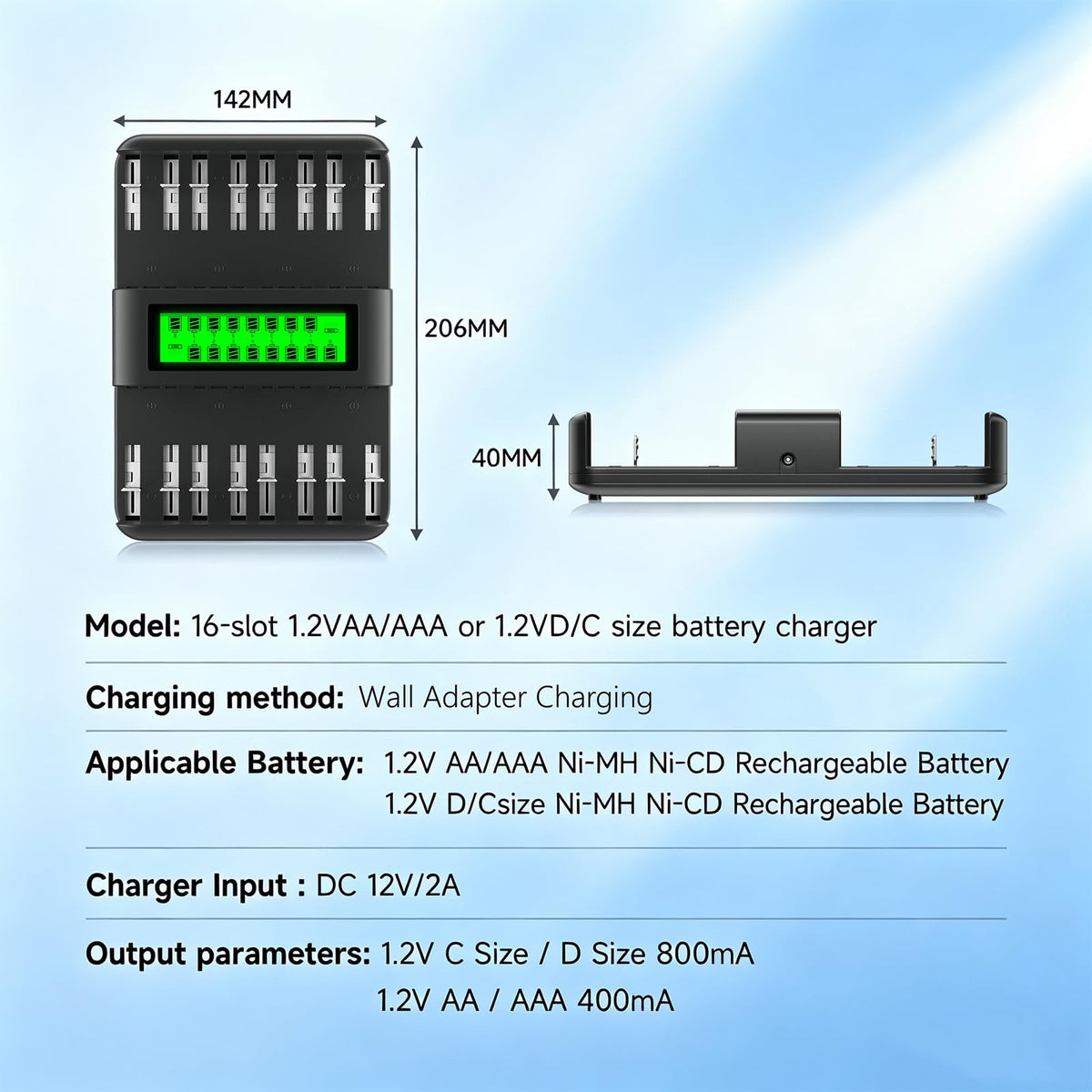 16 Bay AA AAA C D NiMH Battery Charger with LCD Display P304