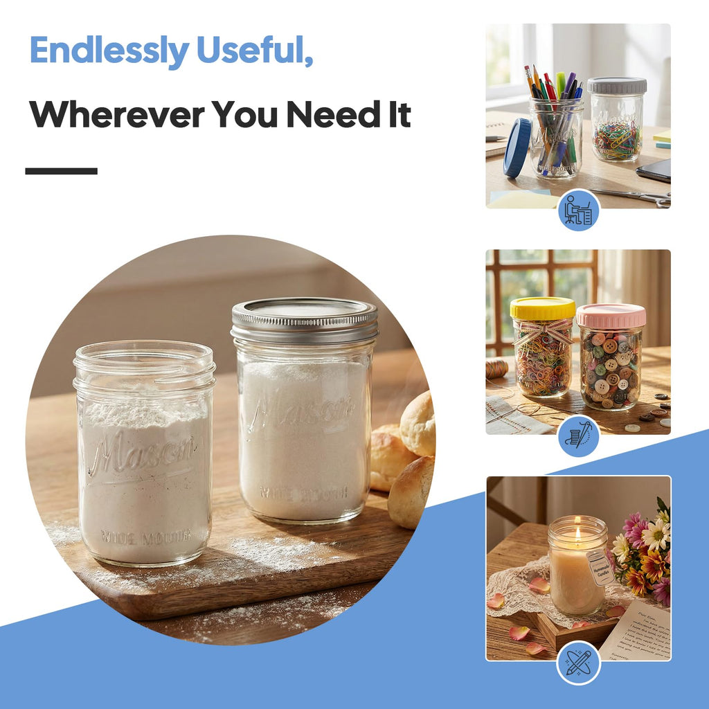 16oz 6-Pack Wide Mouth Glass Mason Jars with Airtight Lids E453