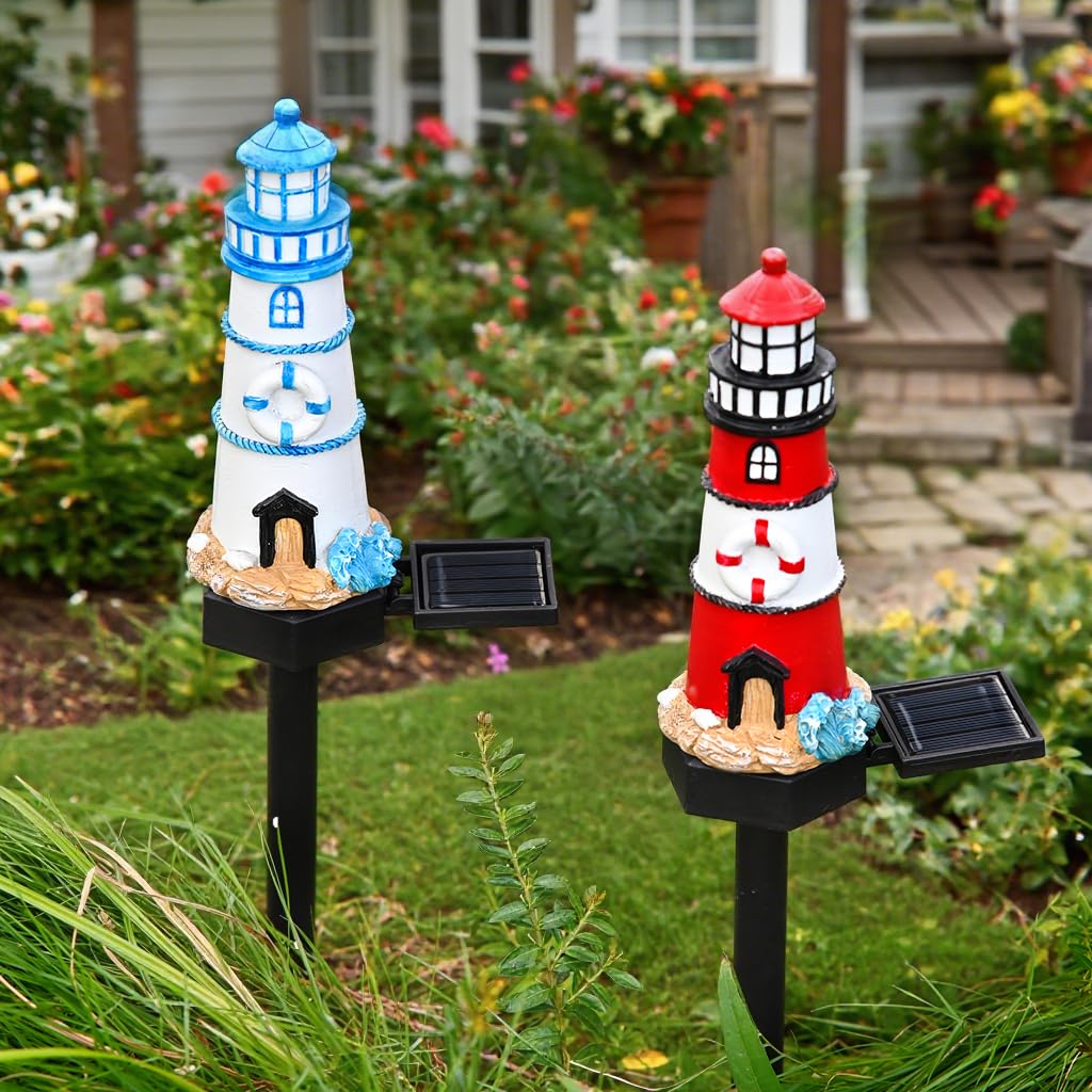 2 Packs Solar Powered Red and Blue Lighthouse Floor Lamps Y42989