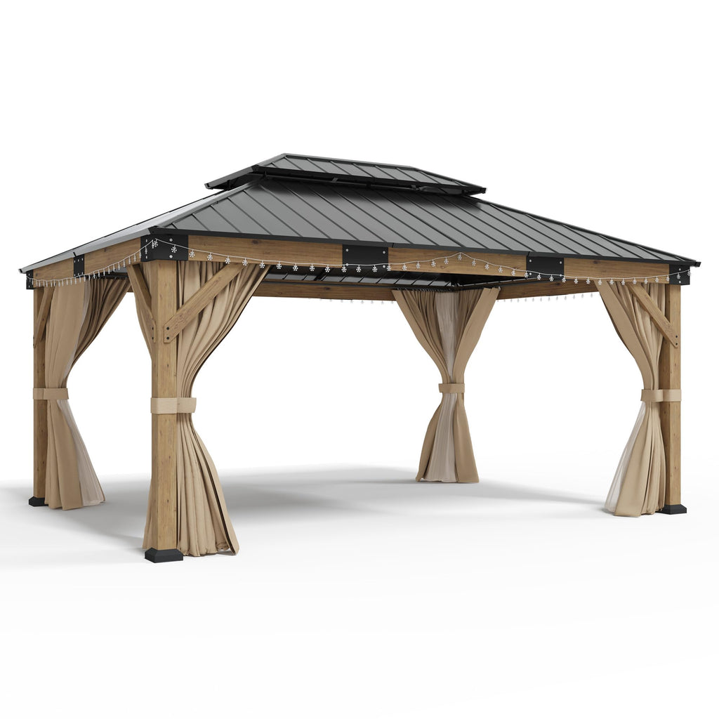12x14FT Hardtop Gazebo with Double Roof, Privacy Curtain & Netting N9110
