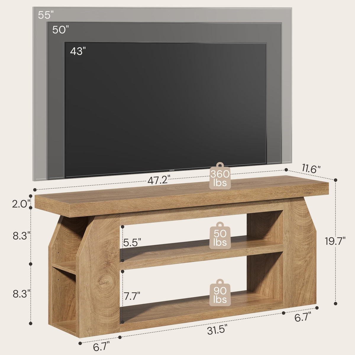 Oak 3-Tier Wood TV Stand for 55 Inch TV H383241