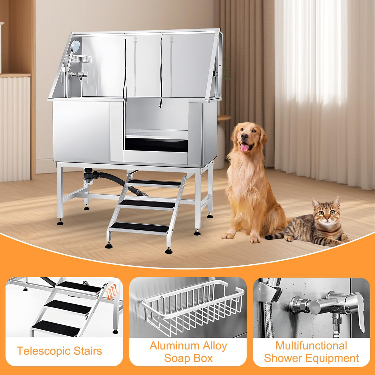 Stainless Steel Dog Washing Station with Stairs E1927