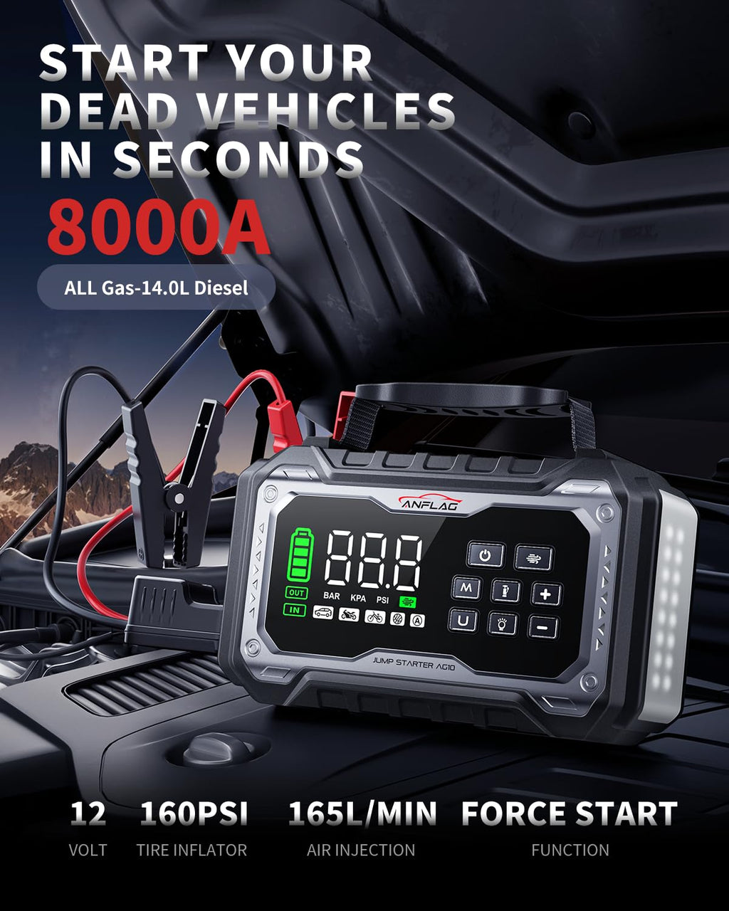 Car Battery Jump Starter with Air Compressor 8000A Portable Booster Pack 160PSI Tire Inflator M96859