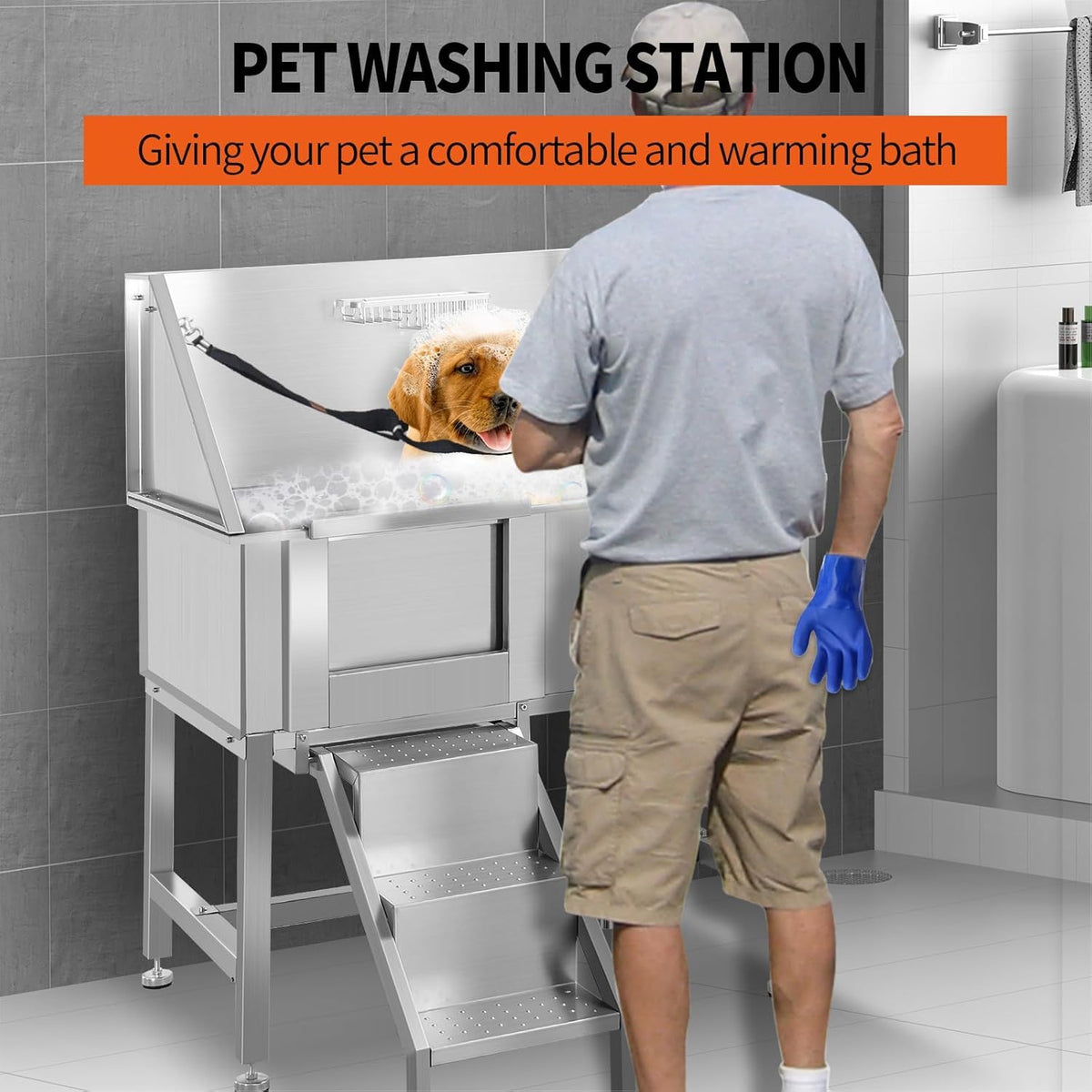 38 Inch Stainless Steel Dog Grooming Tub with Ramp W68732