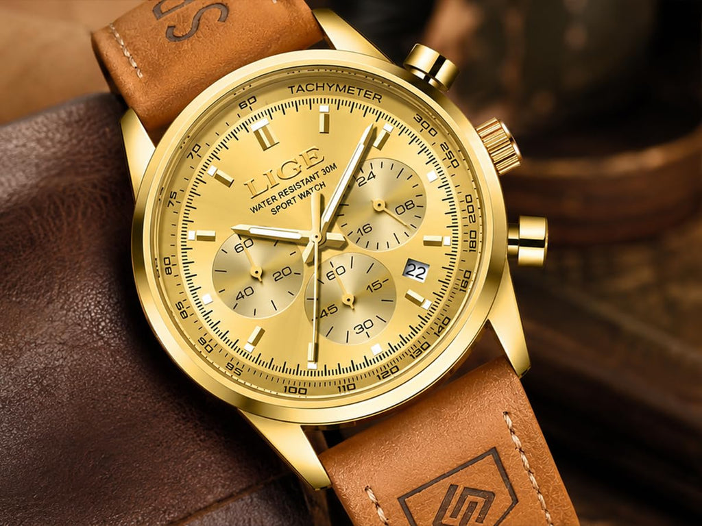 Gold-Tone Quartz Chronograph Watch Brown Leather Strap X6395