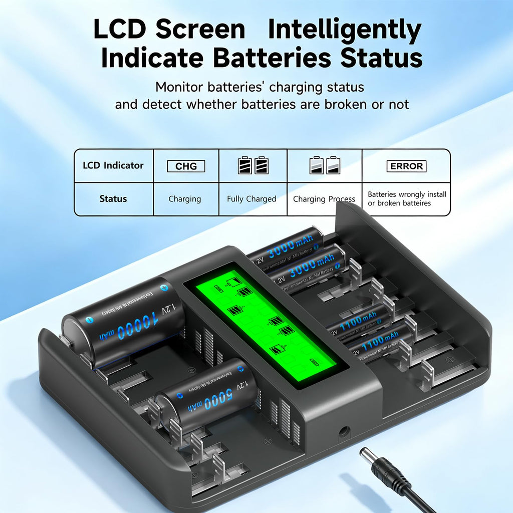16 Bay AA AAA C D NiMH Battery Charger with LCD Display P304