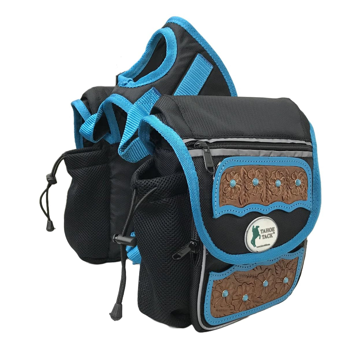 Turquoise Flower 1680D Nylon Western Horn Storage Bag with Hand Tooled Leather Accents E4331