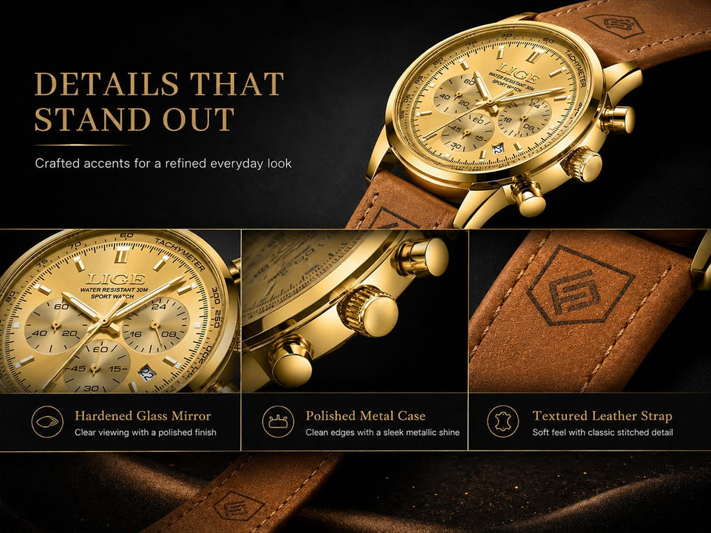 Gold-Tone Quartz Chronograph Watch Brown Leather Strap X6395