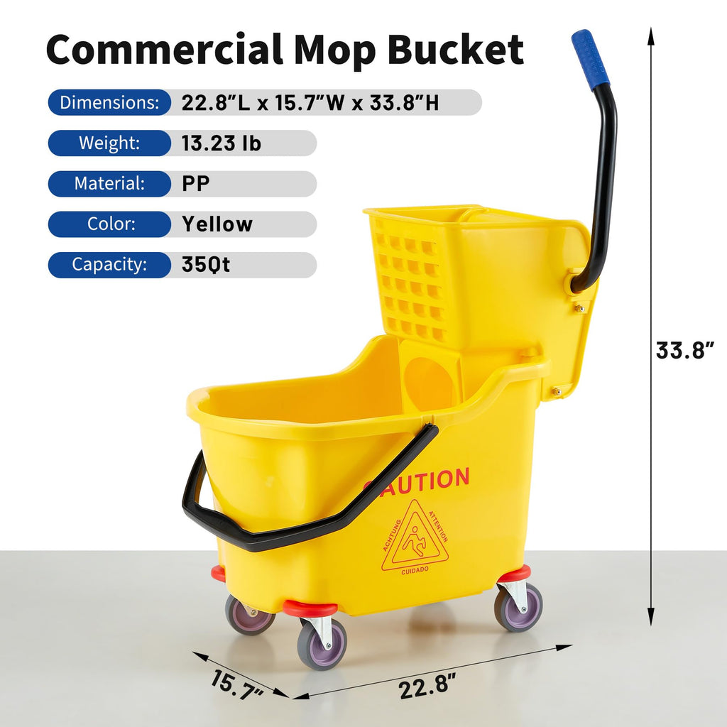 Yellow 35 Quart Commercial Mop Bucket with Side Press Wringer on Wheels V4502