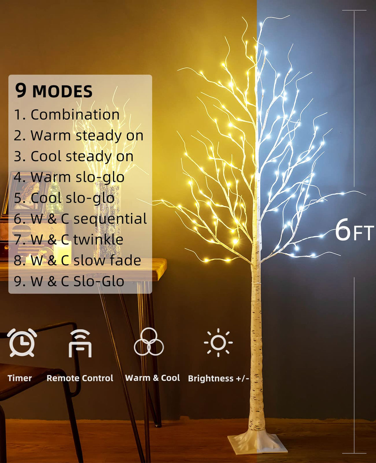 6ft 96LED Lighted Artificial Birch Tree with 9 Modes Timer Z676