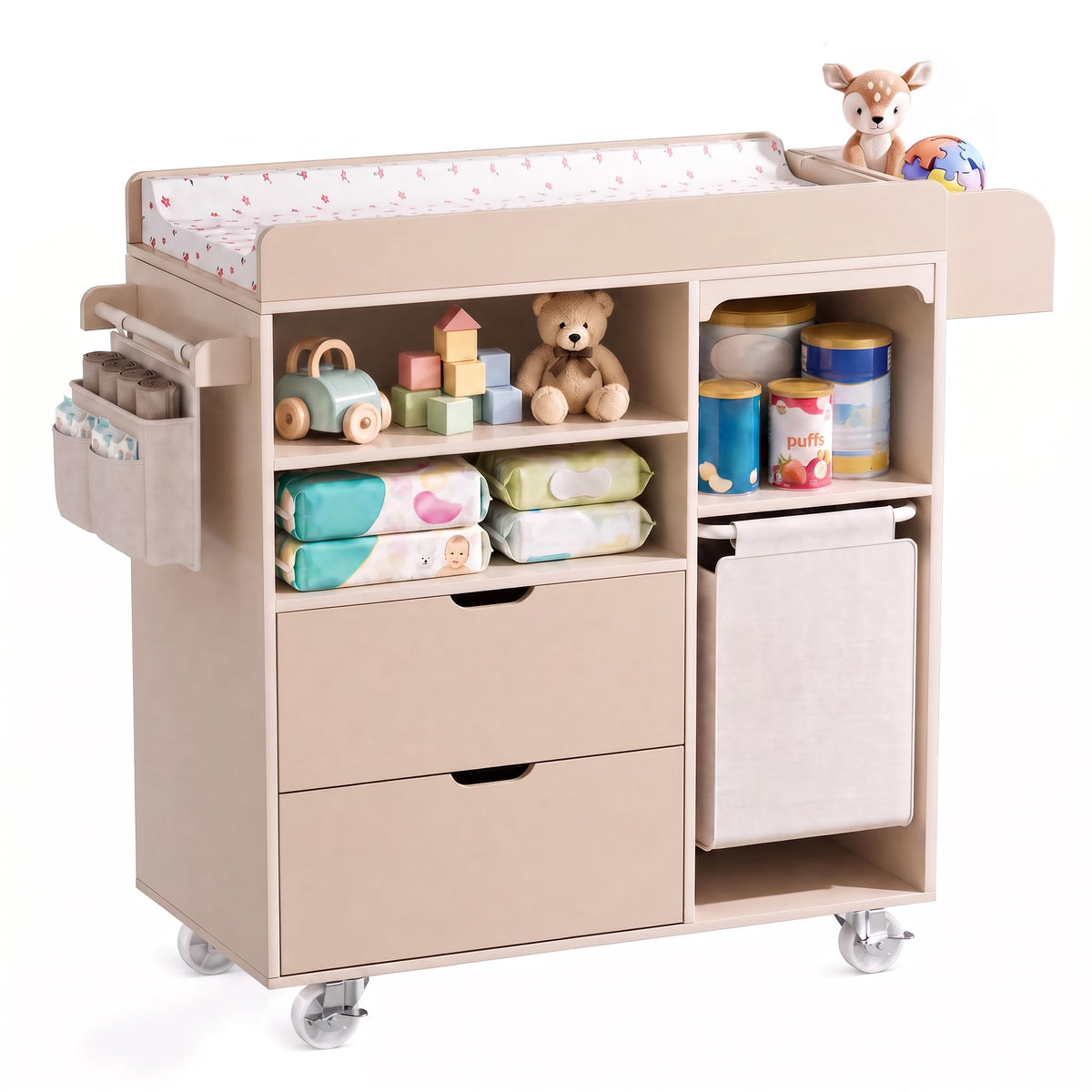 Beige Baby Changing Table Dresser with Drawers W270