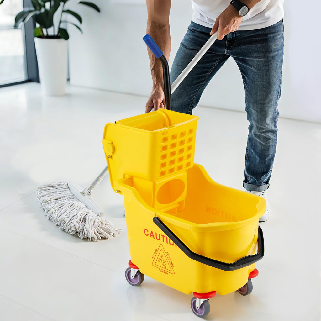 Yellow 35 Quart Commercial Mop Bucket with Side Press Wringer on Wheels V4502