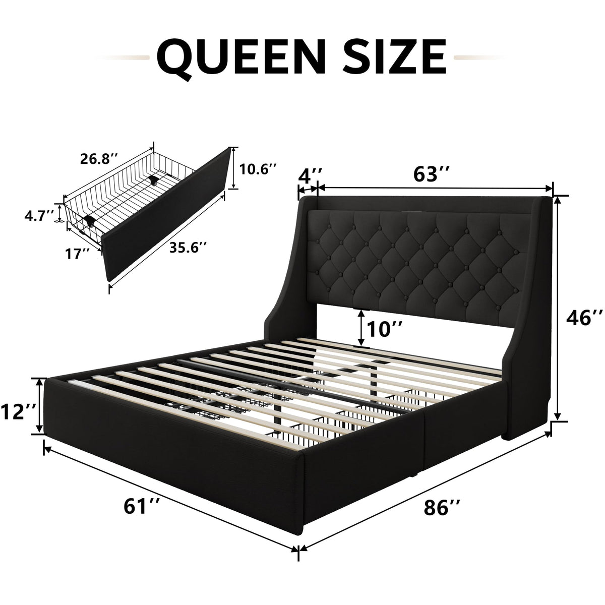 Black Queen Upholstered Platform Bed Frame with 4 Storage Drawers X3859