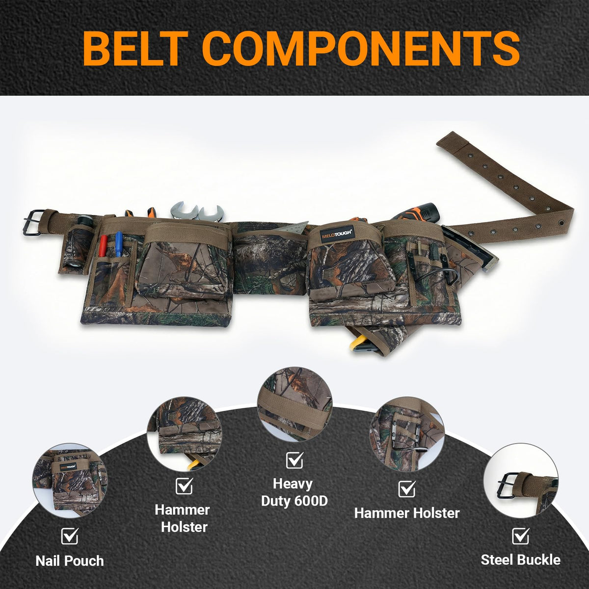 Camo Heavy Duty Adjustable Tool Belt with Pouches G6158