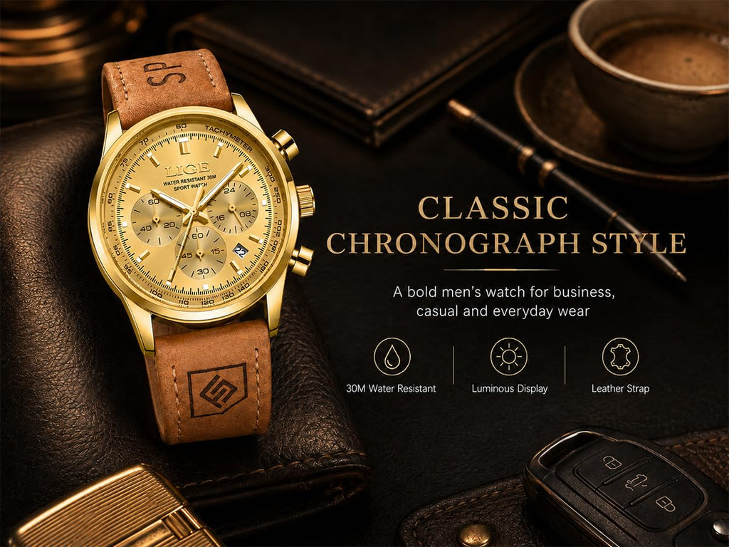 Gold-Tone Quartz Chronograph Watch Brown Leather Strap X6395