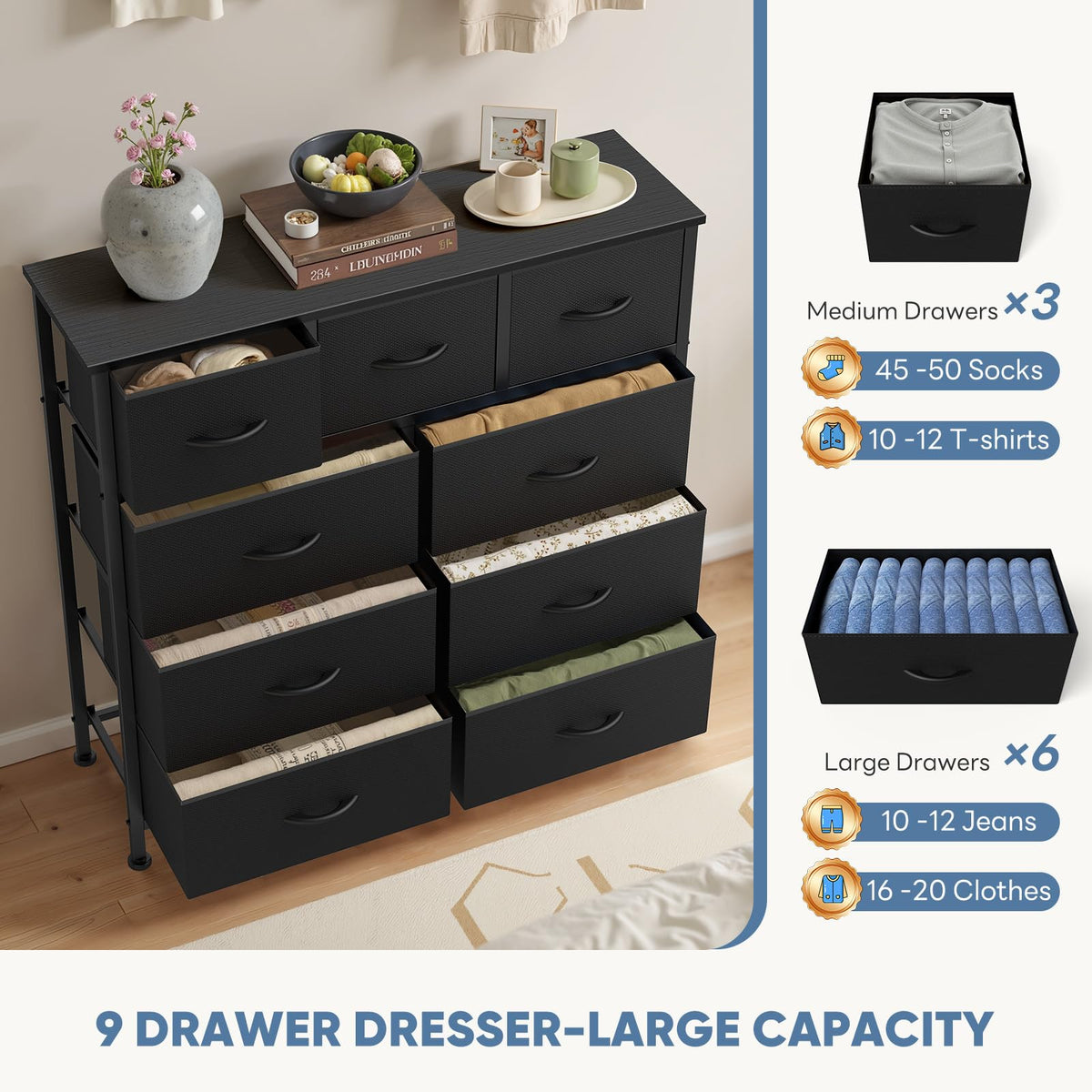 9 Drawers Fabric Dresser L155