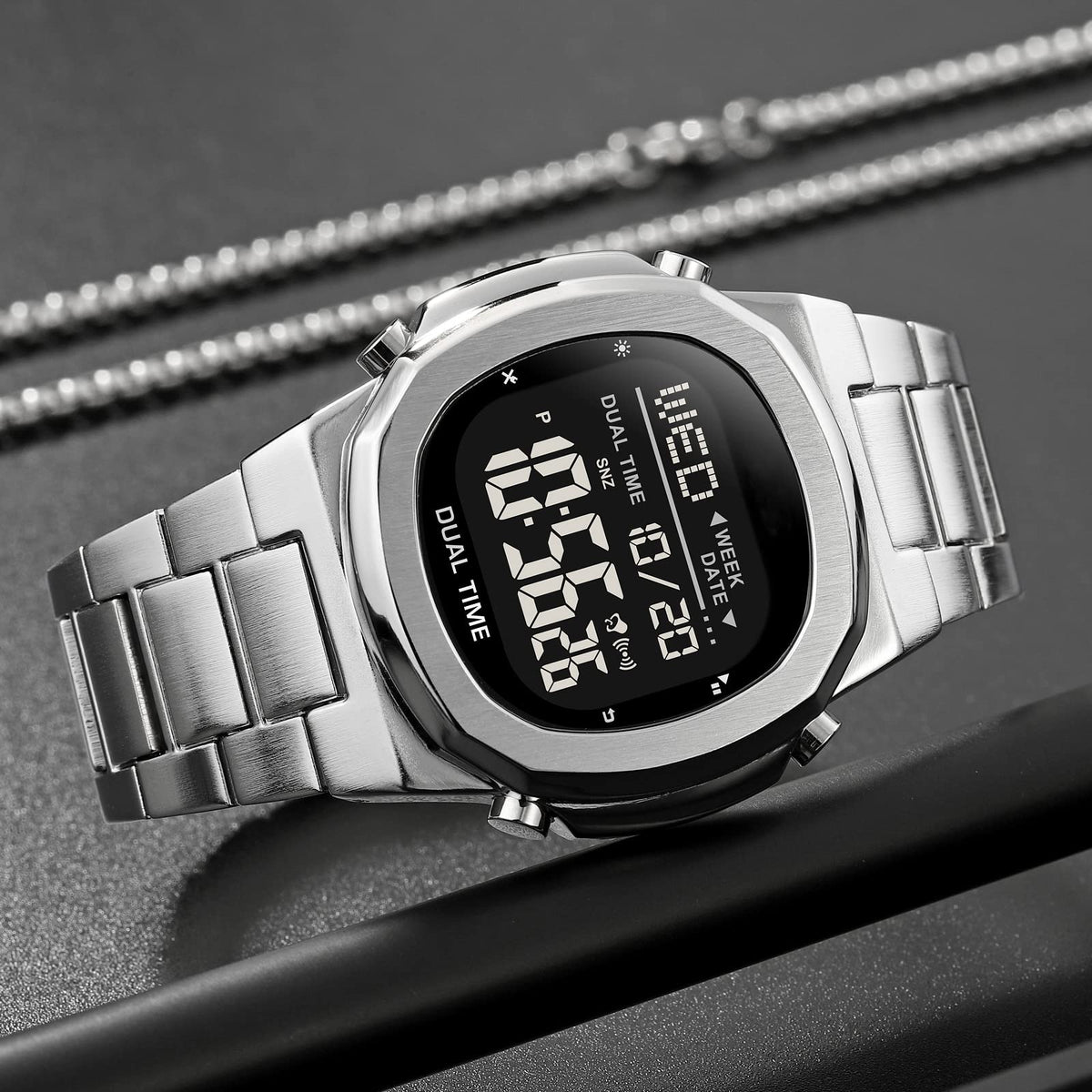 Men's Multifunctional Electronic Outdoor Sports Watch EL Light Large Digital Display Stainless Steel E860