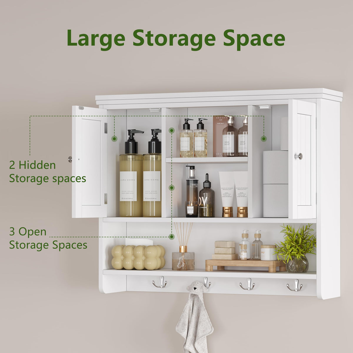 31.5"W 3-Tier Wall Mounted Bathroom Cabinet with Hooks O538565