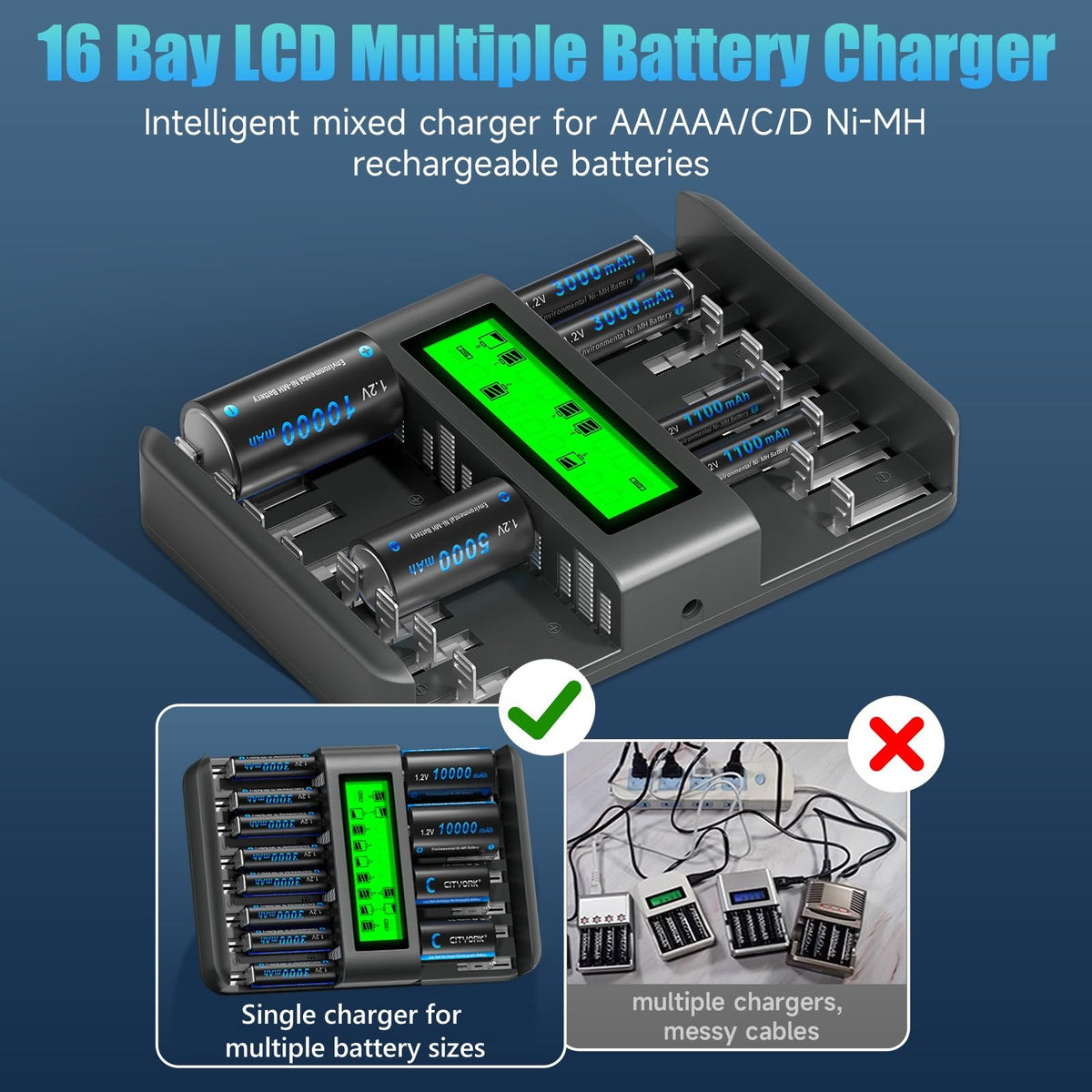 16 Bay AA AAA C D NiMH Battery Charger with LCD Display P304