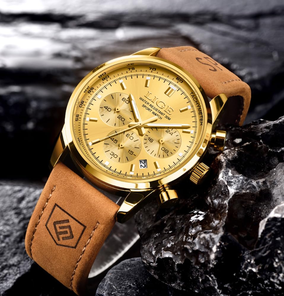 Gold-Tone Quartz Chronograph Watch Brown Leather Strap X6395