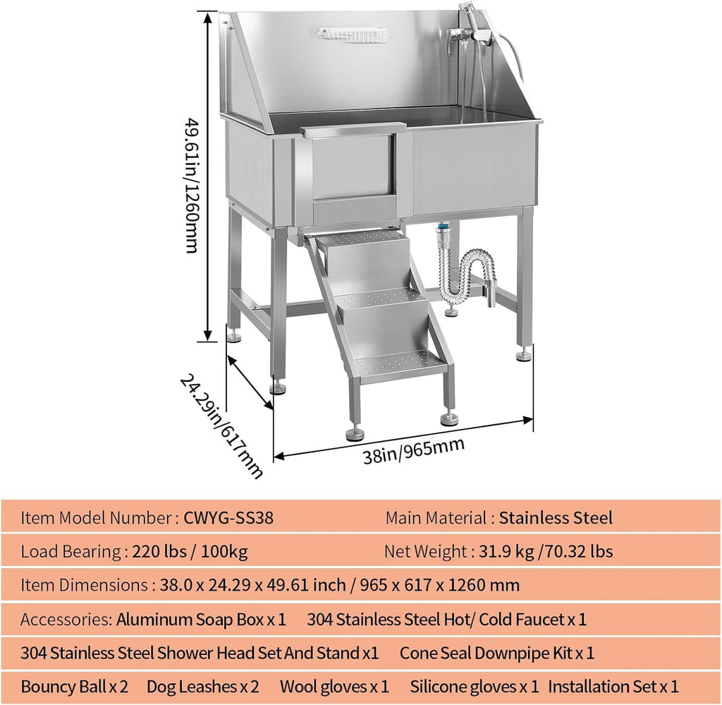 38 Inch Stainless Steel Dog Grooming Tub with Ramp W68732