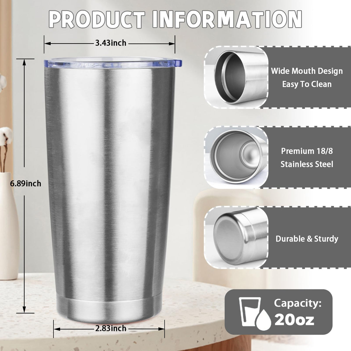 20 oz Stainless Steel Insulated Tumbler with Lids and Straws B199