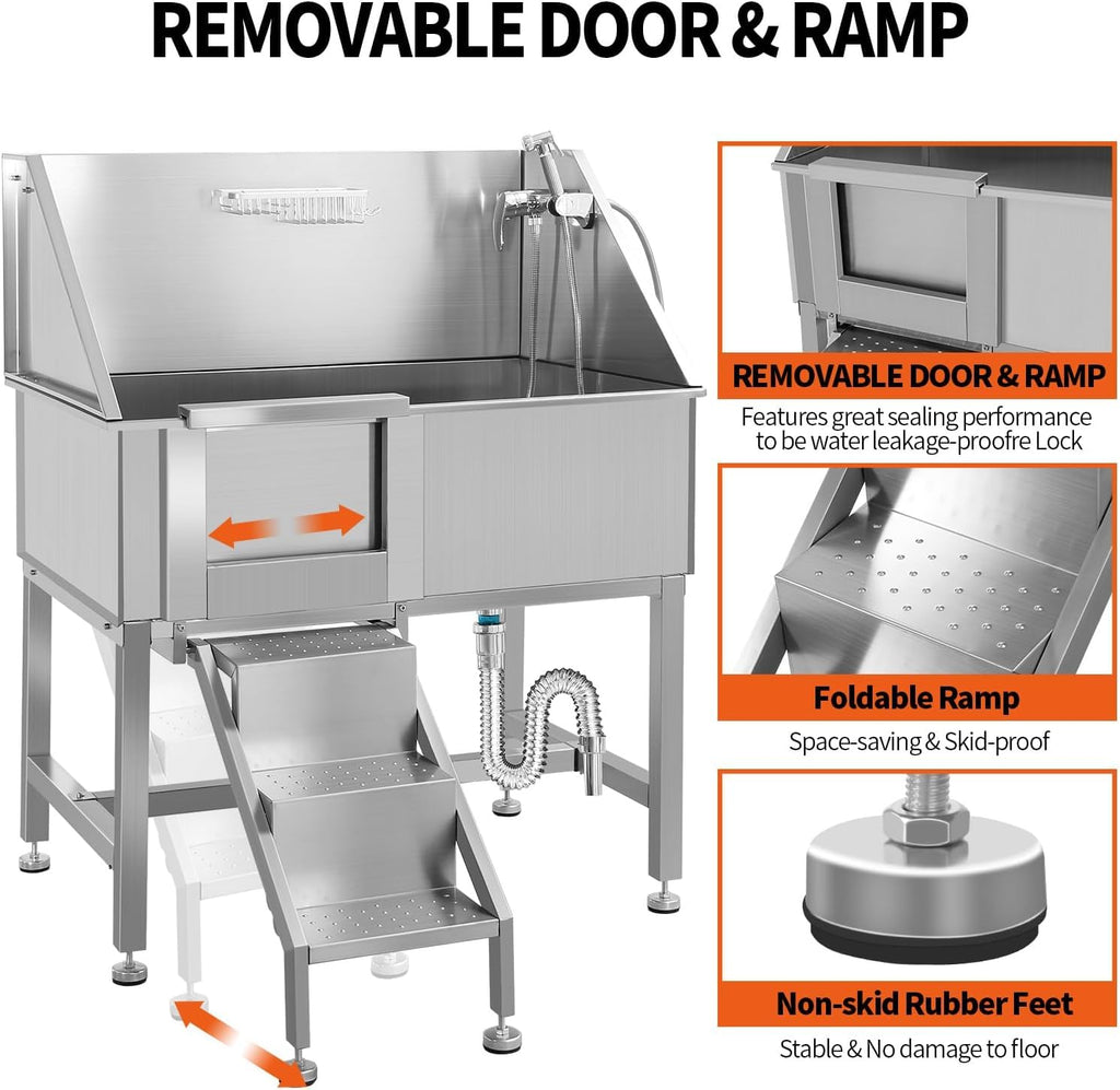 38 Inch Stainless Steel Dog Grooming Tub with Ramp W68732