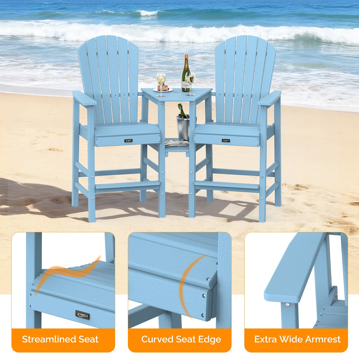 Blue Set of 2 Tall Adirondack Chairs with Dual Trays A614138