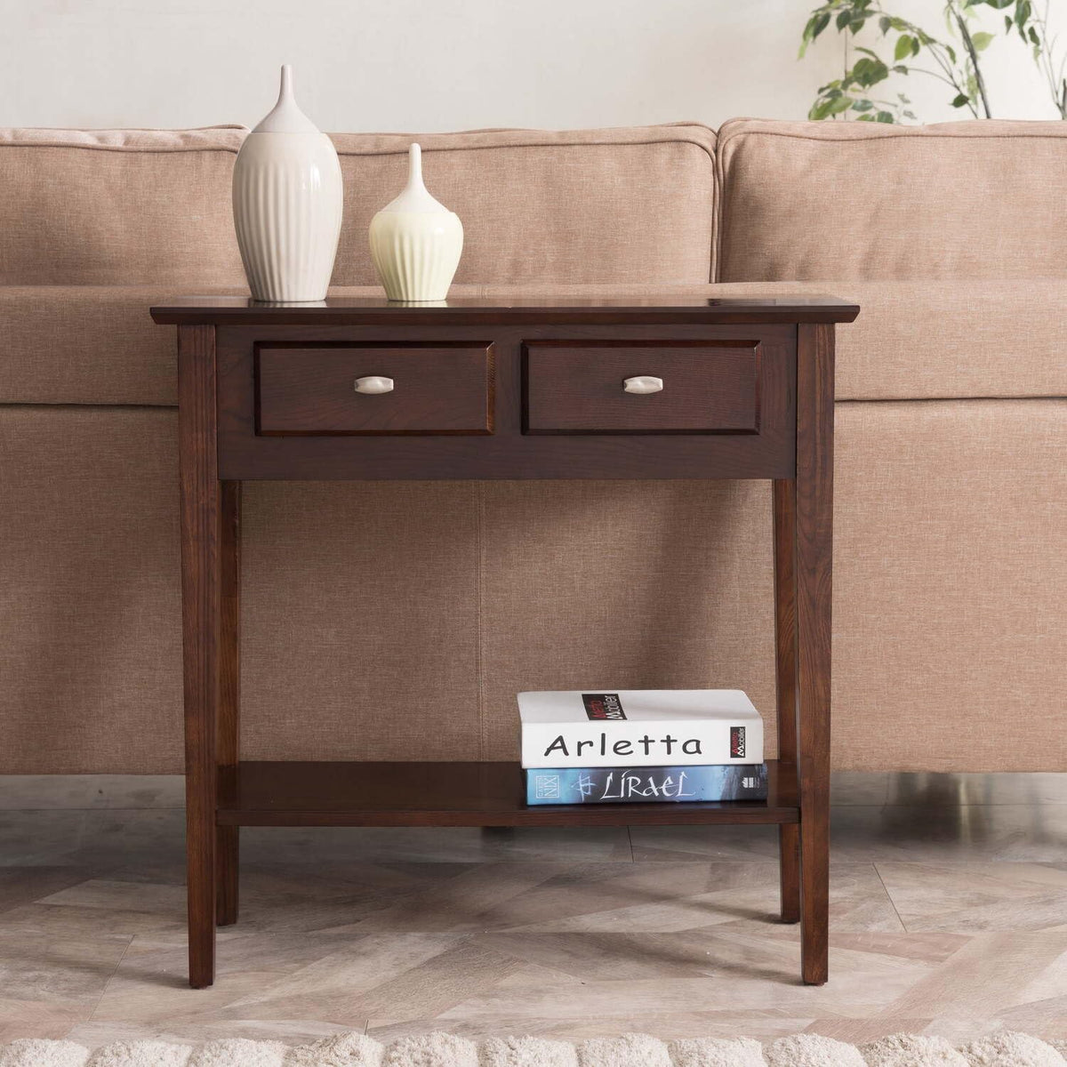 Slim Hallway Console Table with Two Drawers and Storage Shelf E977