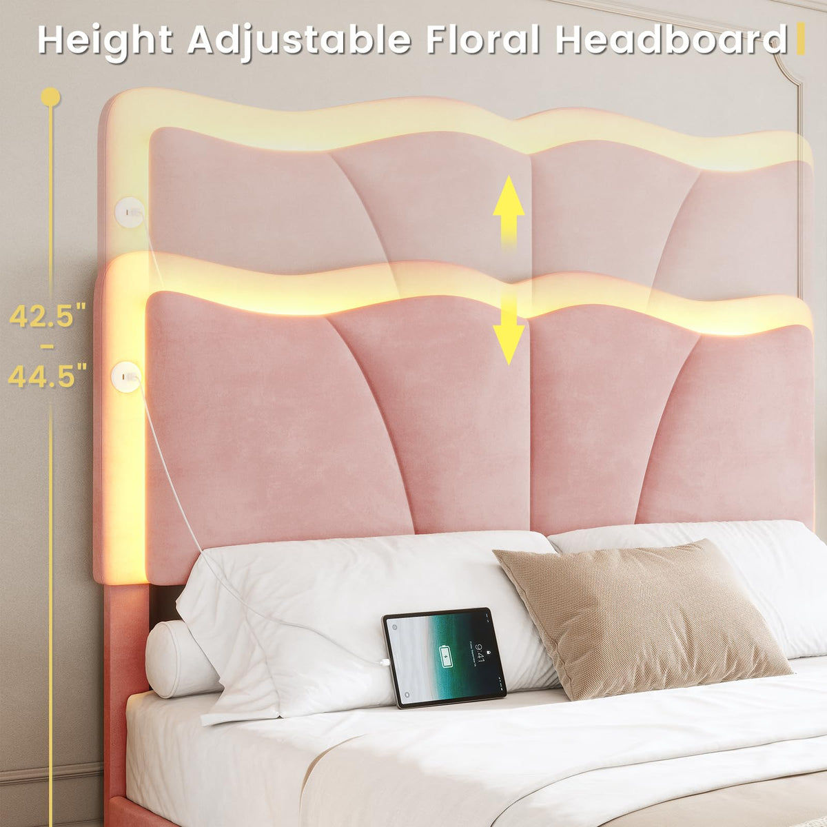 Pink Velvet Upholstered Platform Bed Frame with 4 Storage Drawers D5557