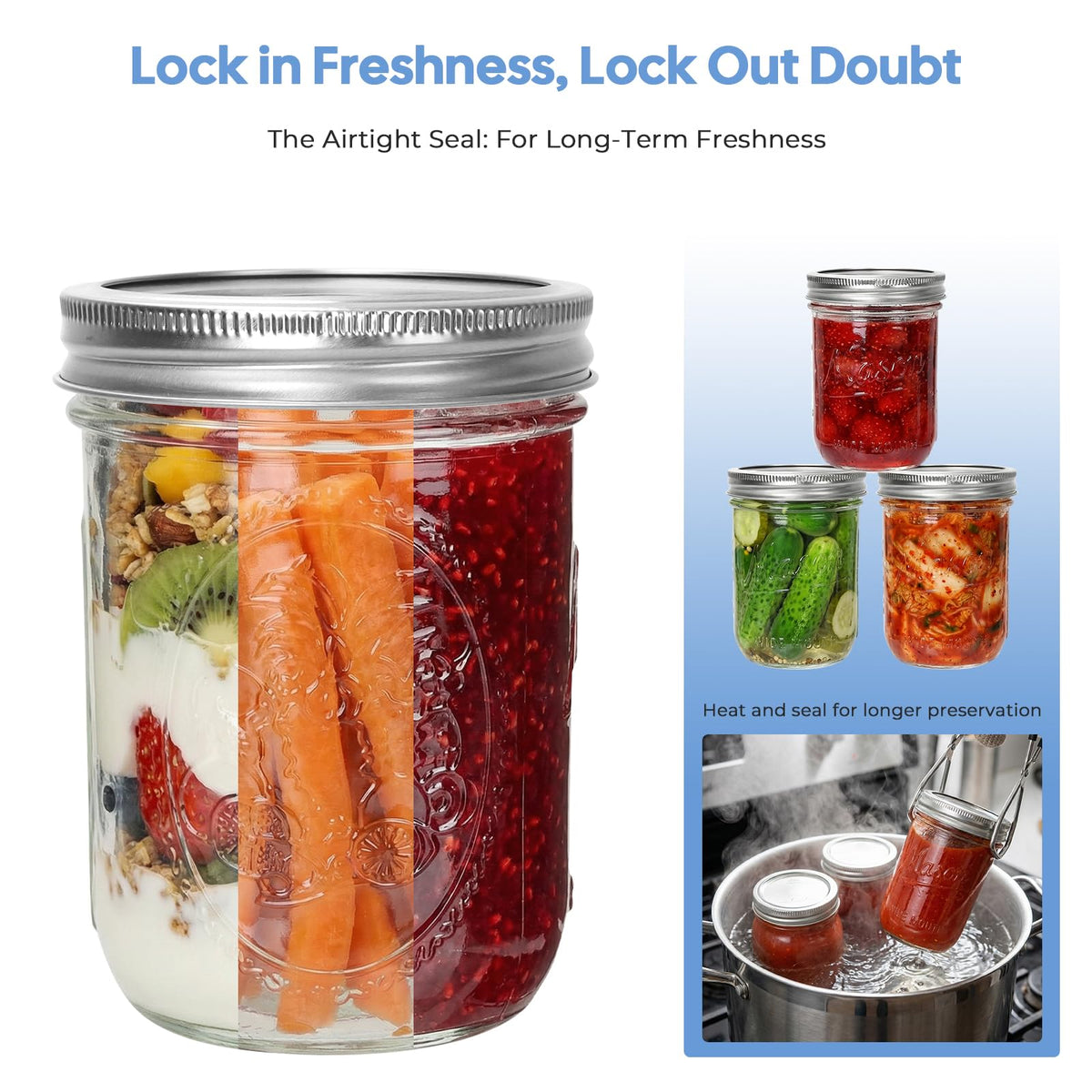 16oz 6-Pack Wide Mouth Glass Mason Jars with Airtight Lids E453