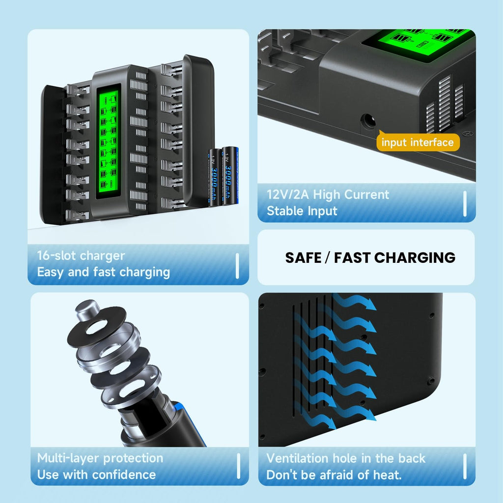 16 Bay AA AAA C D NiMH Battery Charger with LCD Display P304
