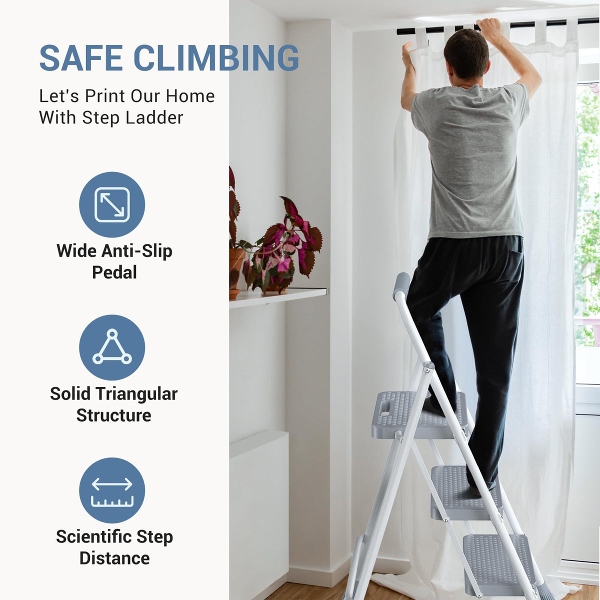 3 Step Ladder with Anti-Slip Pedal and Handrail, 800lbs, Grey Y44836