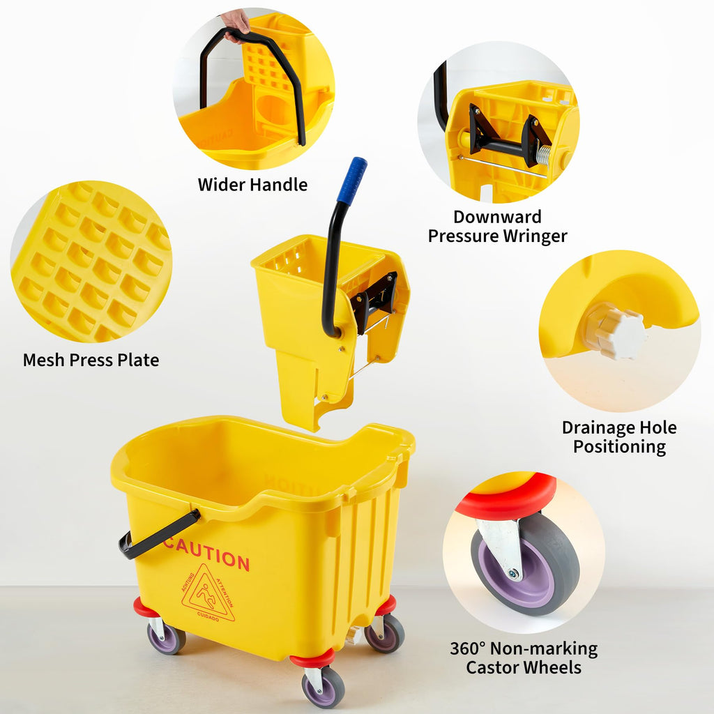 Yellow 35 Quart Commercial Mop Bucket with Side Press Wringer on Wheels V4502