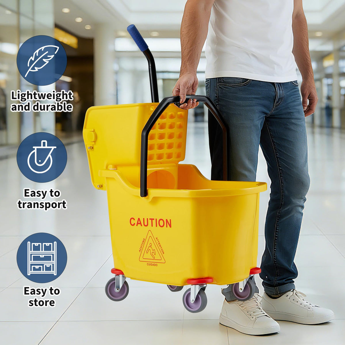 Yellow 35 Quart Commercial Mop Bucket with Side Press Wringer on Wheels V4502