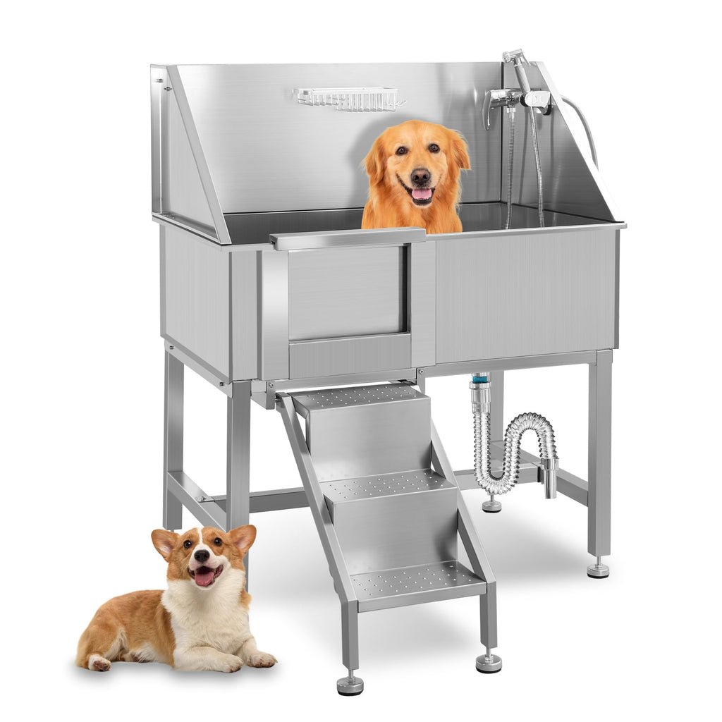 38 Inch Stainless Steel Dog Grooming Tub with Ramp W68732